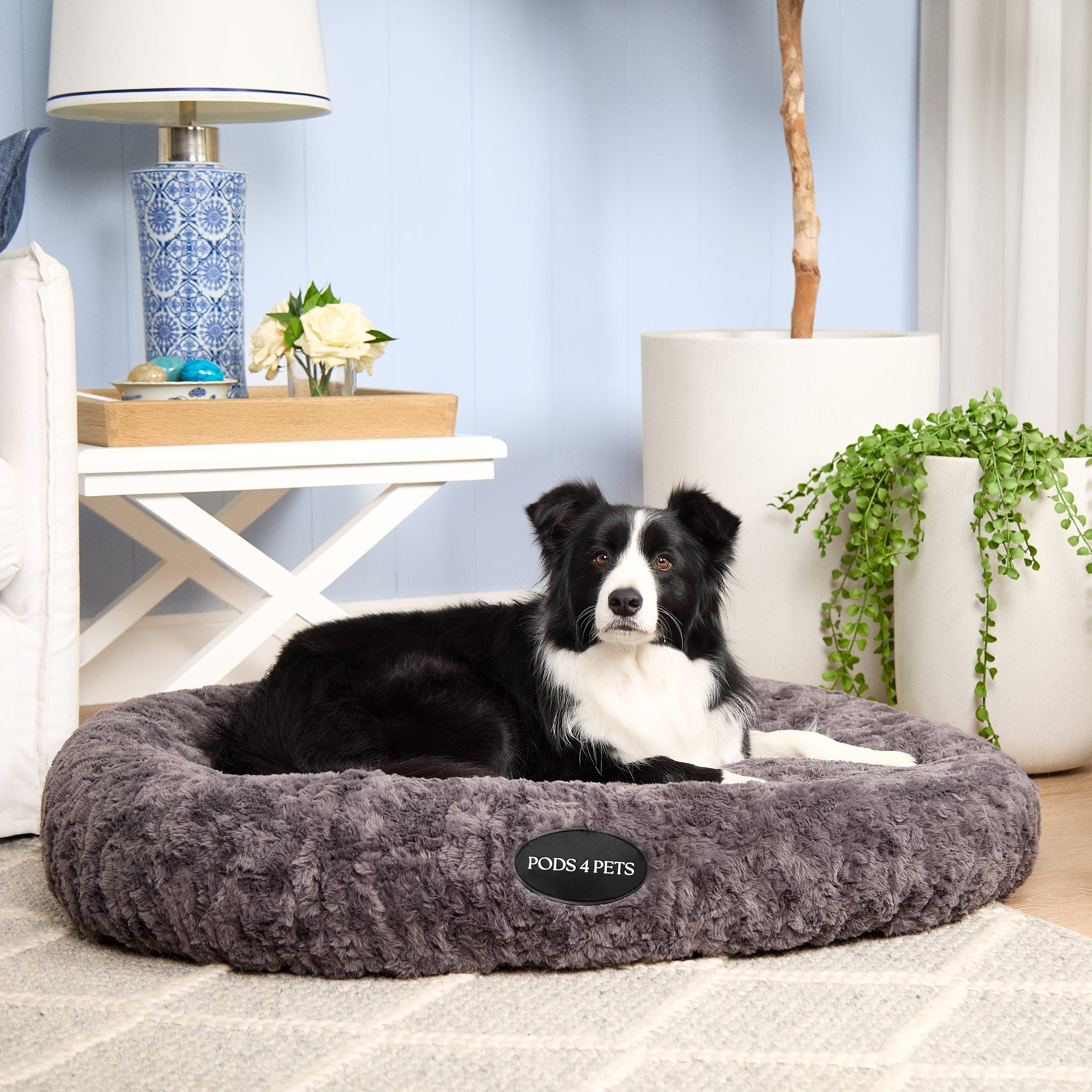 Machine washable charcoal faux fur dog bed for large dogs